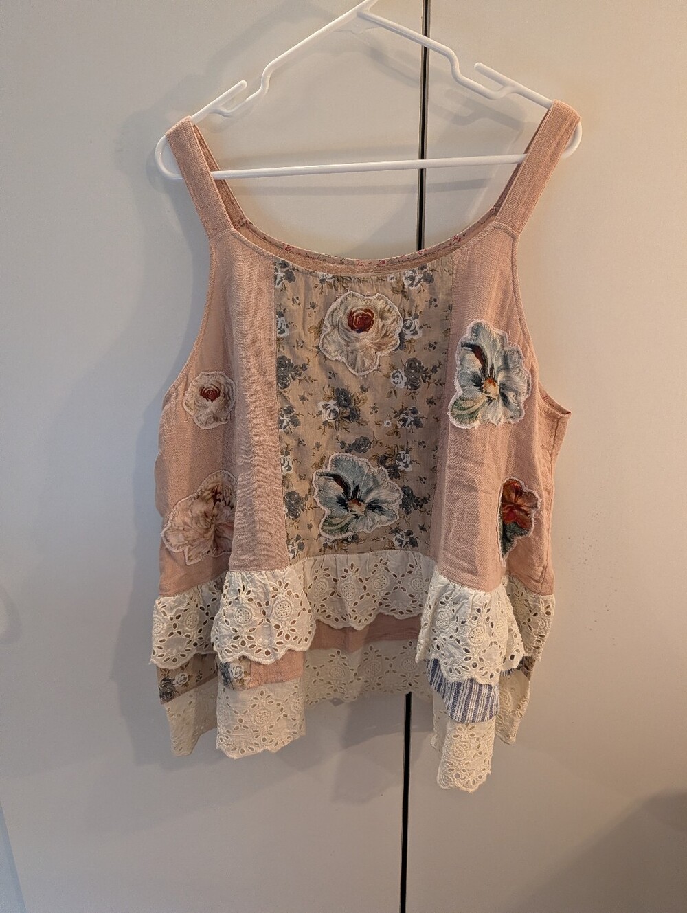 Indi & Sai M/L Boho Floral Lace Patchwork Tank Top - Blush Pink